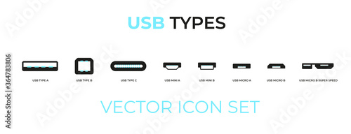 Vector icons illustrating the different USB connector types, with pins. Includes types A, B, C, Mini A, Mini B, Micro A, Micro B, Micro B Super Speed.