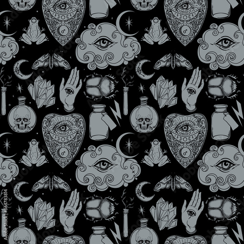 Mystic, magic, background. Religion and the occultism with esoteric and masonic symbols. Medieval manuscript inspired. Vector seamless pattern in retro style. Repeating Trendy stylish texture.