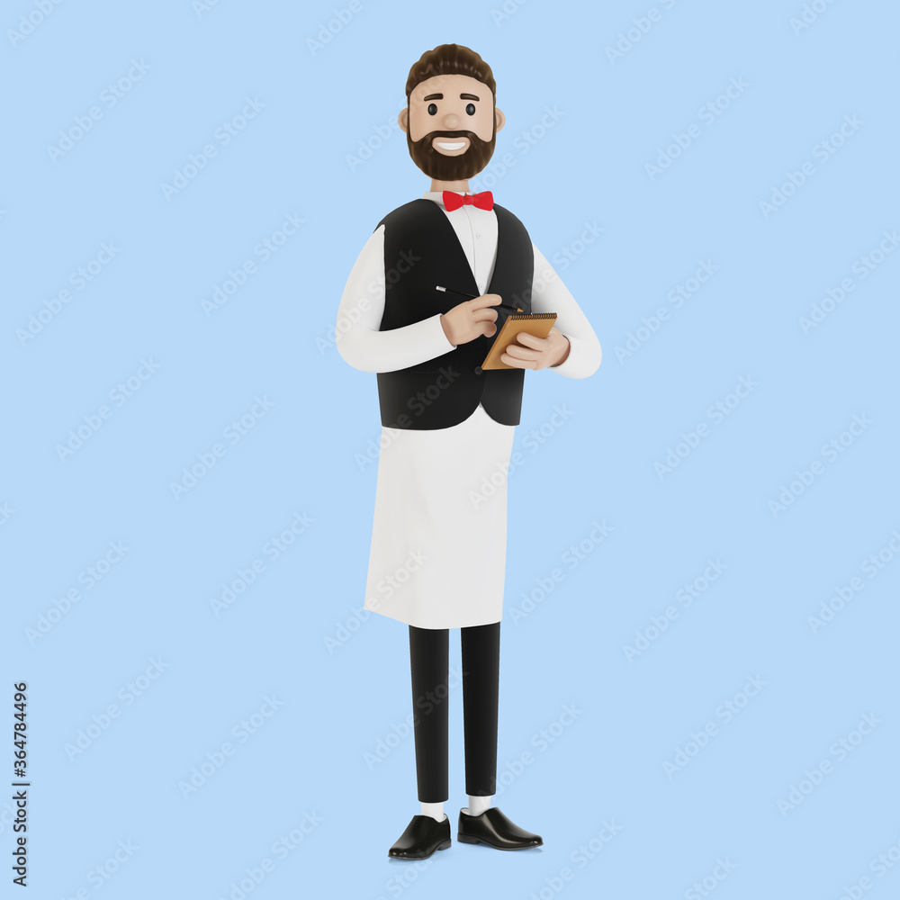Cartoon character a waiter with a notebook and a pencil takes an order. 3D illustration. Cartoon character a waiter with a notebook and a pencil takes an order. 3D illustration.