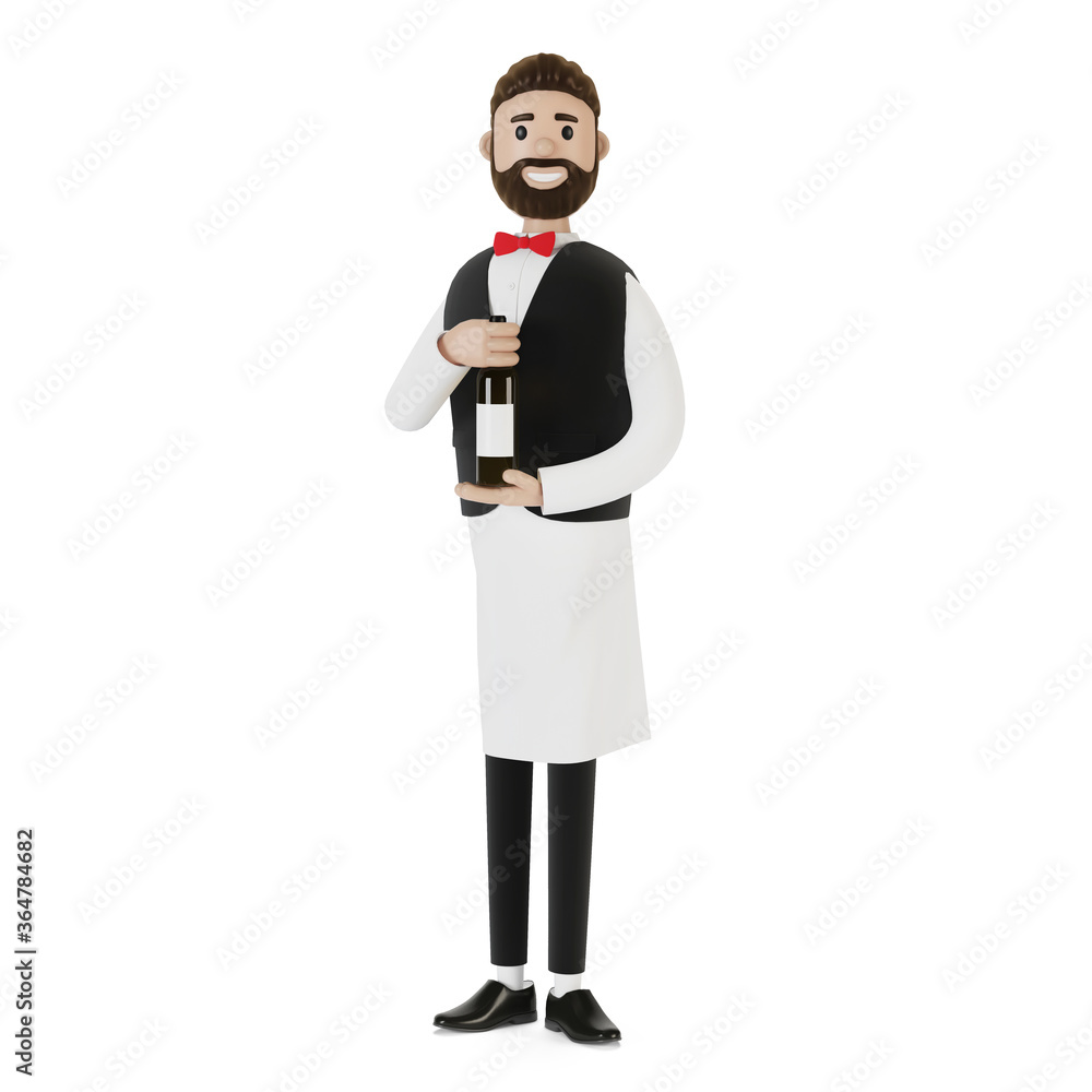 Cartoon character of a waiter with a bottle of wine. 3D illustration. Cartoon character of a waiter with a bottle of wine. 3D illustration.