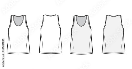 Tank top technical fashion illustration with oversized body, bonded deep V-neckline, sleeveless. Flat shirt apparel template front, back, white and grey color. Women, men unisex CAD mockup