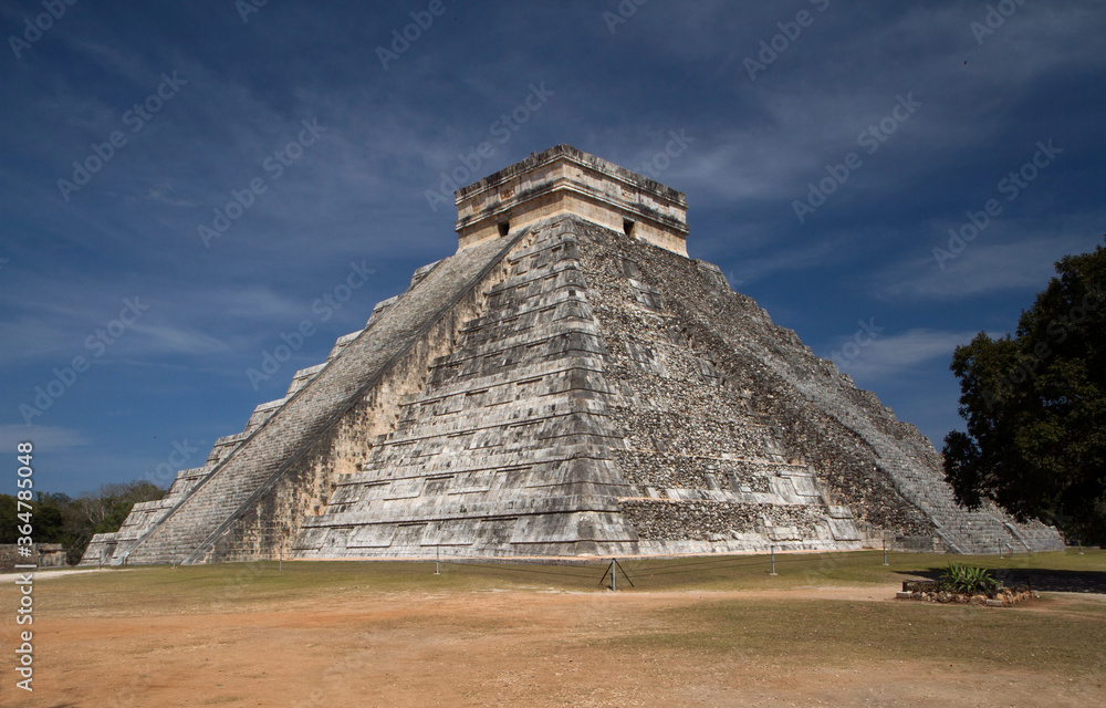 Tourism. Seven world wonders. Ancient maya civilization and architecture. Temple Kukulkan of Chichén Itza, mayan stone pyramid ruins in Yucatán, México. 