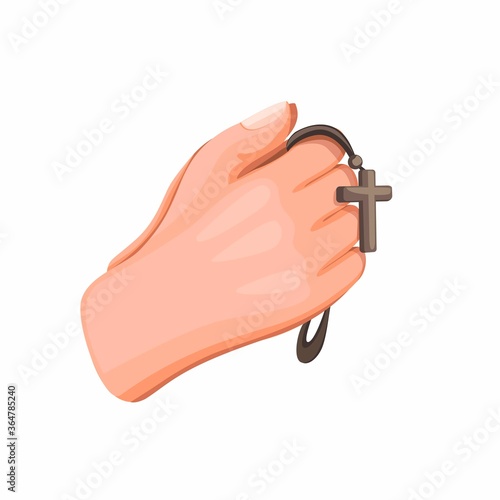 Hand holding rosary beads with cross symbol, religious people praying in cartoon illustration vector isolated in white background
