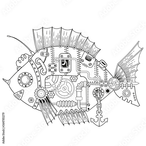 Steampunk vector coloring page. Vector coloring book for adult for relax and medetation. Art design of a fictional mechanical fish