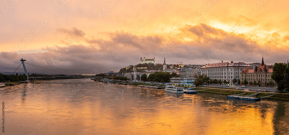 sunset over the Danube river in BRatislava