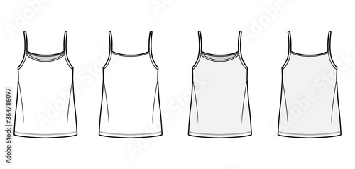 Camisole top technical fashion illustration with oversized body, bonded strap scoop neck. Flat cami shirt apparel template front, back, white and grey color. Women, men unisex CAD mockup