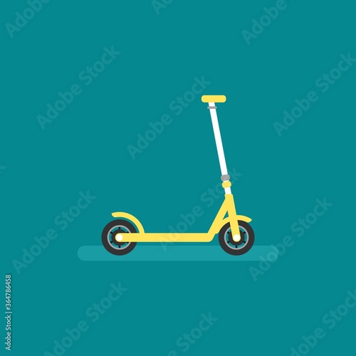 Yellow kick scooter or balance bike icon. Flat push scooter on blue background. Vector illustration.