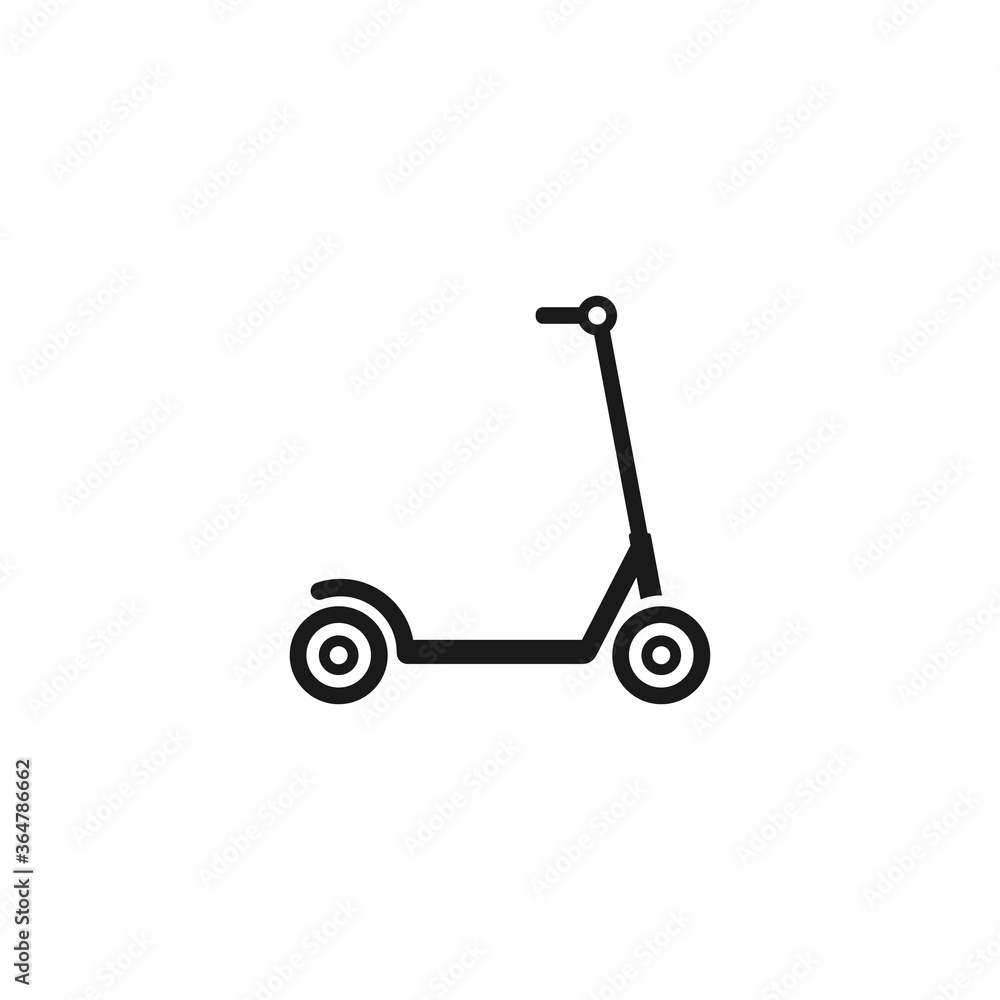 Black kick scooter or balance bike icon. Flat push scooter isolated on white Black kick scooter or balance bike icon. Flat push scooter isolated on white