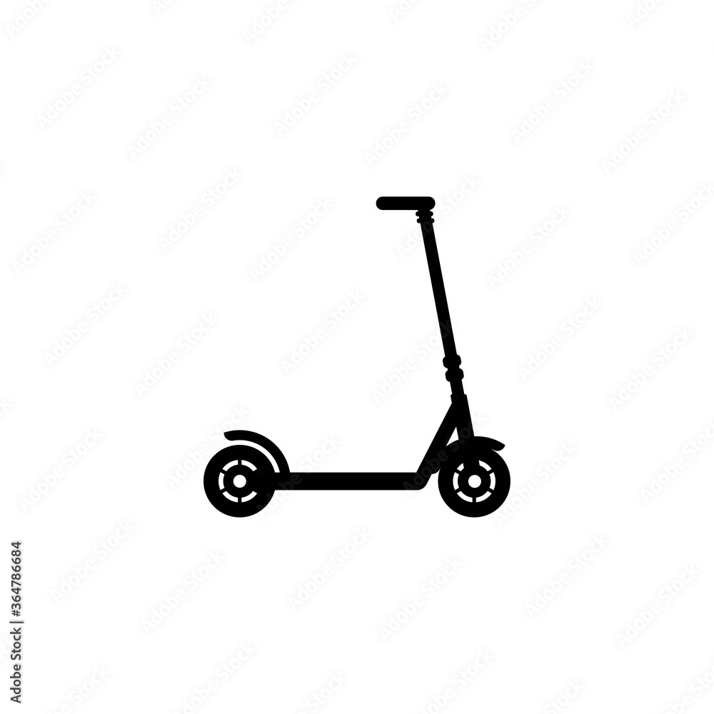 Black kick scooter or balance bike icon. Flat push scooter isolated on white Black kick scooter or balance bike icon. Flat push scooter isolated on white