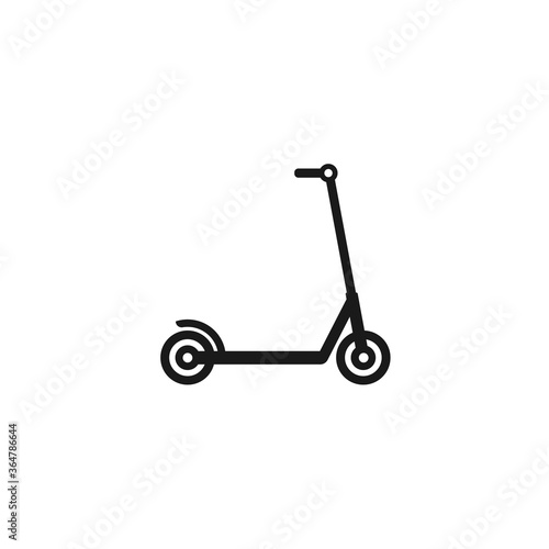 Black kick scooter or balance bike icon. Flat push scooter isolated on white
