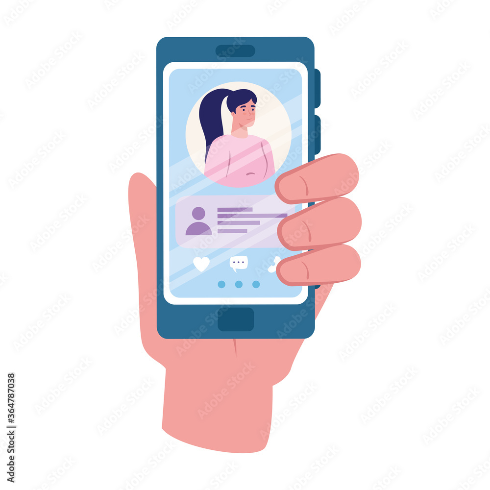 Hand holding smartphone with woman and chatting bubble design, Message chat and communication theme Vector illustration