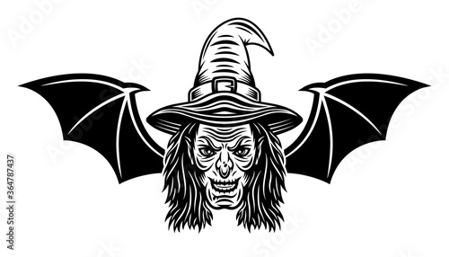 Witch head with bat wings vector illustration