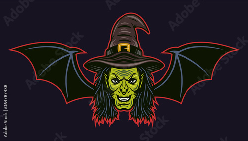 Witch head with bat wings colorful vector