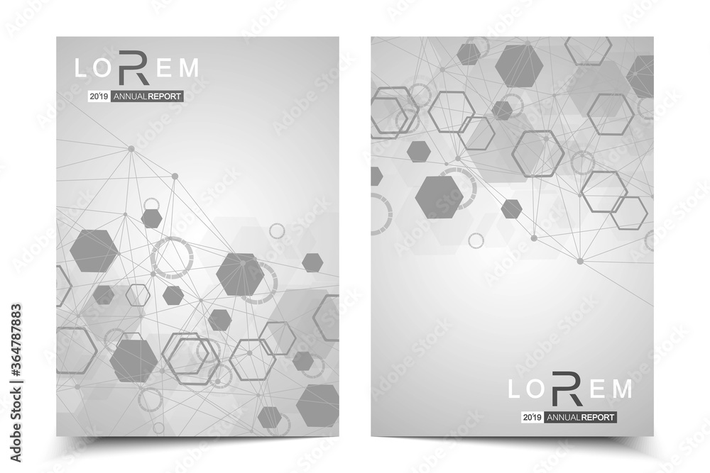 Vector templates for brochure magazine leaflet flyer cover booklet annual report. Modern futuristic hexagonal pattern with particle, molecule structure for medical, technology, chemistry, science.