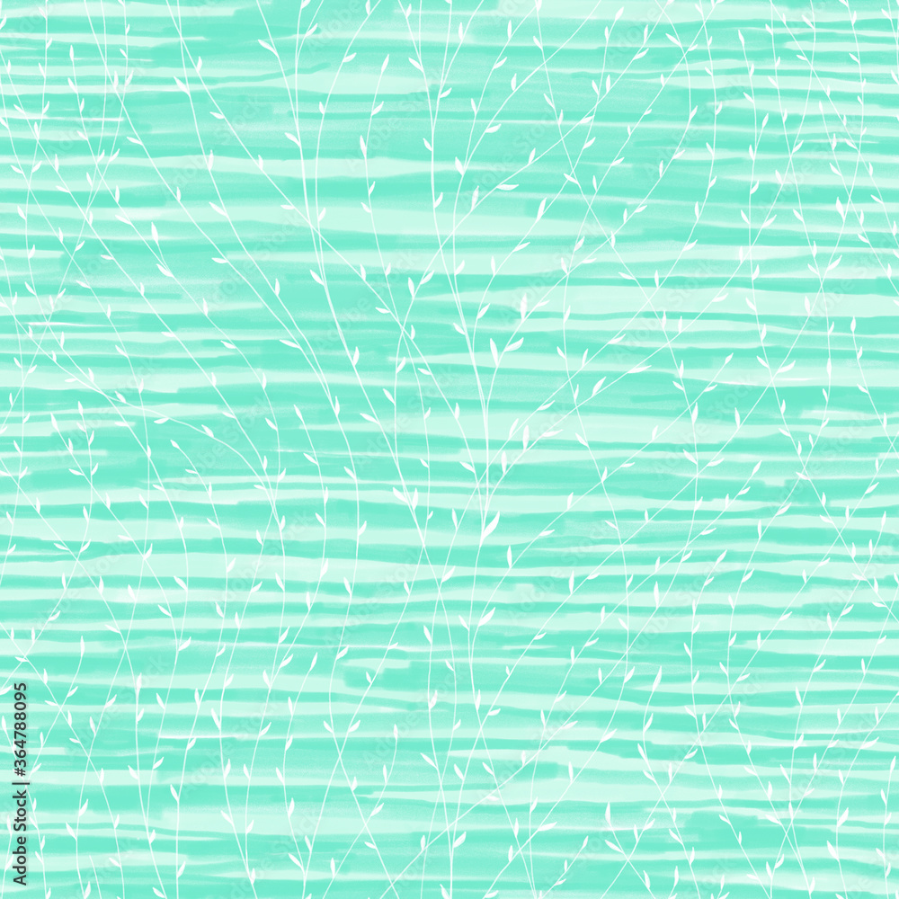 Abstract digital art floral seamless pattern. With contours of twigs with leaves on striped Green background with blurry brushstrokes. Template for design, textile, wallpaper.