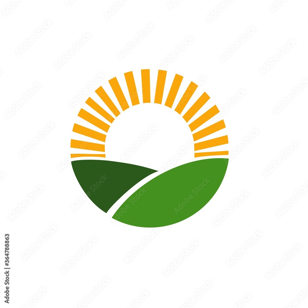 Farm logo design. Organic product. Sun and green field. Minimal vector ...