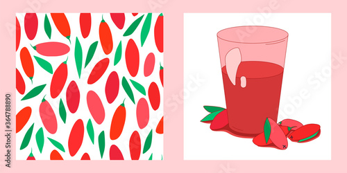 set of two berries templates. glass of sweet juice and seamless pattern with ripe goji and leaves. modern abstract design for packaging, print for clothes, fabric