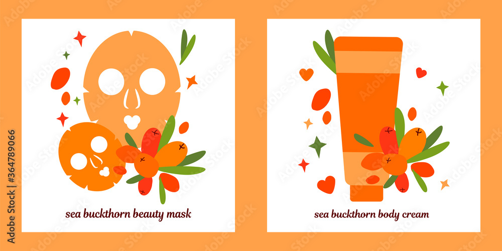 Set of two illustrations.  Tube of cream and masks for face skin. natural skin care based on sea buckthorn berries. mask for the skin around the eyes.