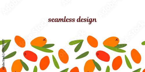 seamless design with sea buckthorn berries and leaves on a white background. modern abstract design for packaging, print for clothes, fabric