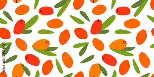 Fototapeta Naklejka Na Ścianę i Meble -  seamless pattern with sea buckthorn berries and leaves on a white background. modern abstract design for packaging, print for clothes, fabric