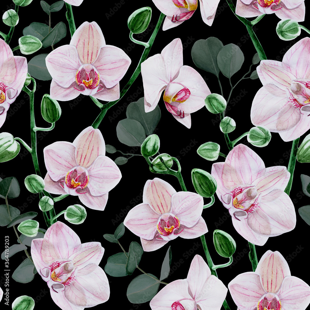seamless pattern. watercolor orchid flowers and eucalyptus leaves on a black background. tropical pattern on a dark background, flowers and orchid branches. design for fabric, textile, wallpaper