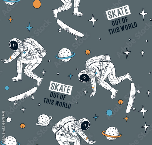 Astronaut skateboarding in space seamless pattern. Vector illustrations for t-shirt prints, posters and other uses. 