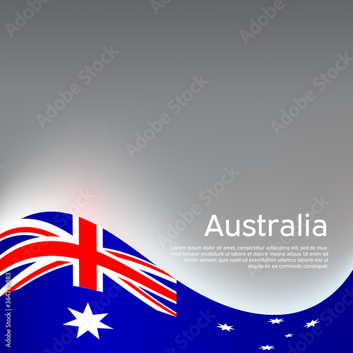 Australia wavy glowing flag on a gray glossy background. National poster design. Business booklet. State australian patriotic banner, flyer. Background with australia flag. Vector