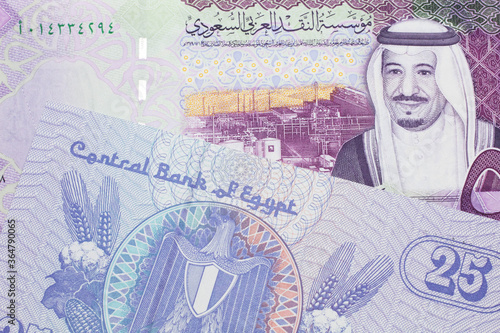 A close up image of a purple  twenty five Egyptian piastres note close up in macro with a colorful  five Saudi riyal bank note