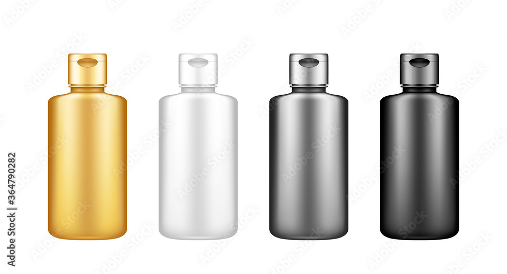 Liquid detergent, bleach bottle mockup set. Plastic package design. Blank white, silver, gold, black product container template: sanitizer, shampoo, laundry, stain remover. 3d vector illustration Liquid detergent, bleach bottle mockup set. Plastic package design. Blank white, silver, gold, black product container template: sanitizer, shampoo, laundry, stain remover. 3d vector illustration