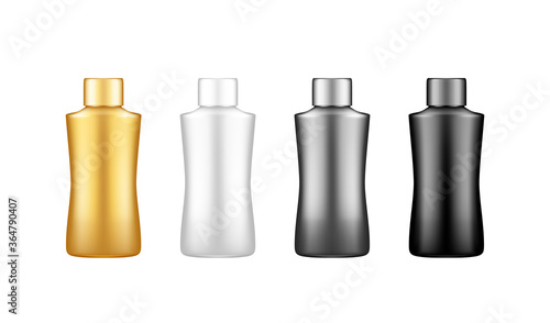 Cosmetic shampoo bottle mockup set: lotion, cream, shower gel. Plastic package design. Blank white, silver, gold, black hygiene, medical, body and face care product template. 3d vector illustration