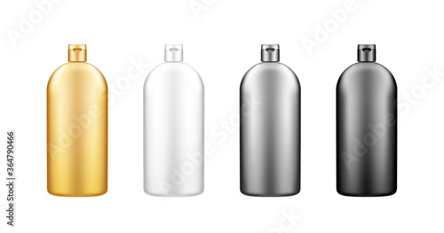 Liquid dishwashing detergent, fabric softener plastic bottle mockups with cap lid. Washing machine bleach and laundry package. Blank white, silver, gold, black product template. 3d vector illustration