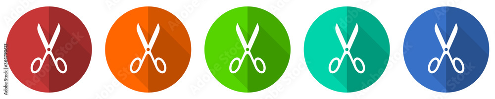 Scissors icon set, red, blue, green and orange flat design web buttons isolated on white background, vector illustration Scissors icon set, red, blue, green and orange flat design web buttons isolated on white background, vector illustration