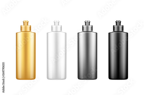 Liquid dishwashing detergent, rinser plastic bottle mockups with cap. Washing machine bleach, laundry soap package. Blank white, silver, gold, black hygiene, product template. 3d vector illustration