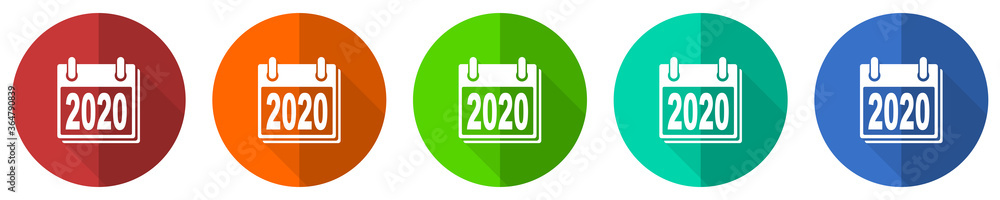 New year 2020 icon set, red, blue, green and orange flat design web buttons isolated on white background, vector illustration New year 2020 icon set, red, blue, green and orange flat design web buttons isolated on white background, vector illustration