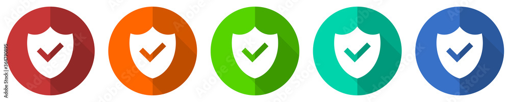 Shield icon set, red, blue, green and orange flat design web buttons isolated on white background, vector illustration Shield icon set, red, blue, green and orange flat design web buttons isolated on white background, vector illustration