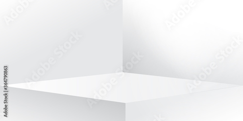 Blank white gradient background with product display. White backdrop or empty light studio with room floor. 3D rendering.