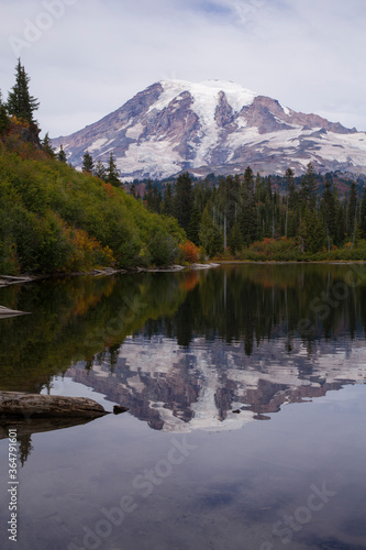 Bench Lake and Mt. Rainier with beautiful, calm reflections in autumn at Mt. Rainier National Park in Washington state 