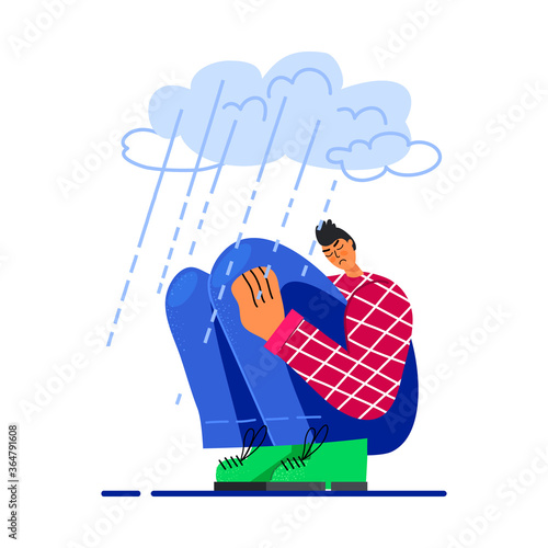 Image of a sad young guy sitting and unhappily hugging his knees and crying. The man is depressed. Vector stock illustration. Flat design. Isolated on a white background.