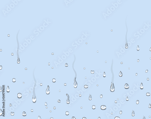 Vector Illustration of water rain drops different size isolated on blue background. condensation droplets in shower