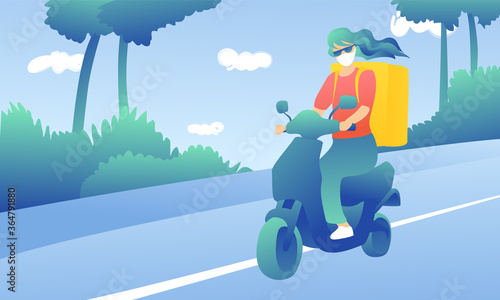 The young beautiful girl with the order quickly rides on the background of the road. The concept of fast home delivery.