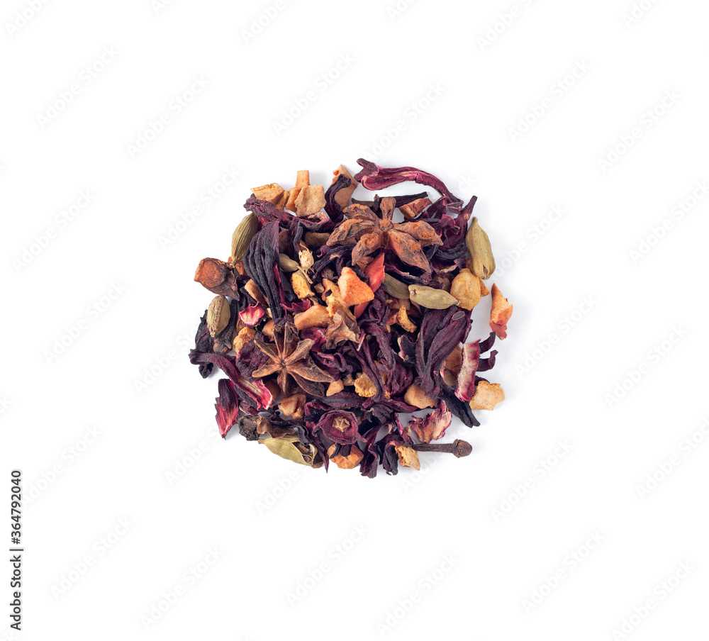 Obraz premium Top view of fruit and herbal tea with dried leaves, citron peels, ginger, etc.