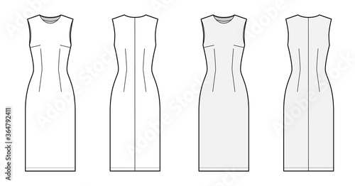 Sheath dress technical fashion illustration with fitted body, oval neck, sleeveless, pencil fullness, knee length. Flat apparel template front, back, white and grey color. Women, men unisex CAD mockup