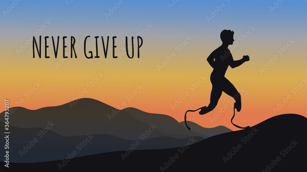 Silhouette of a running man with prostheses against the backdrop of a beautiful sunrise. Disabled person can move thanks to a modern prosthesis. Life after injury. Never give up. Vector illustration