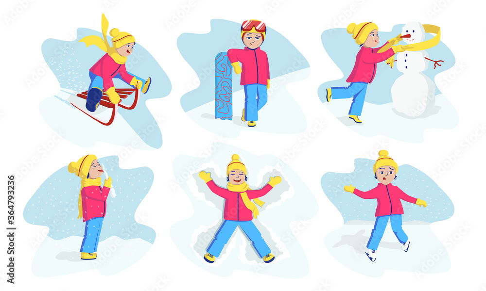 Naklejka premium Happy child sledding, snowboarding, skating, making a snowman, snow angel, standing with an icicle. Set bright colorful winter fun for kids. Happy childhood, children's joy.Cartoon vector illustration