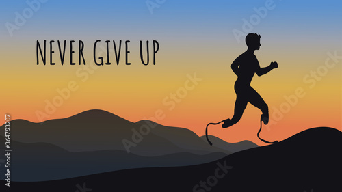 Fototapeta Naklejka Na Ścianę i Meble -  Silhouette of a running man with prostheses against the backdrop of a beautiful sunrise. Disabled person can move thanks to a modern prosthesis. Life after injury. Never give up. Vector illustration