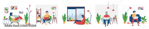 Young people, man and woman freelancers working on laptops at home.Concept vector illustration in a flat cartoon style remote working at home,  programming, distance learning.Set of quarantined people