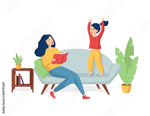 Happy laughing mom is reading a book to daughter. The cheerful child listens to fairy tales. Concept family leisure, togetherness. Older sister is reading for the younger. Cartoon vector illustration