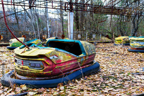 CHERNOBYL, UKRAINE - NOV 10, 2016: Abandoned amusement park in Pripyat, Chernobyl alienation zone.