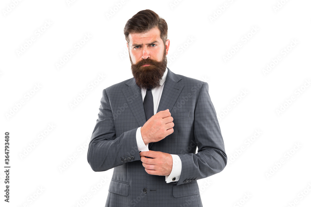 Going for something more classic. Fashion look of bearded man. Businessman fix cuff isolated on white. Formal fashion style. Formalwear. Mens wardrobe. Fashion store. Classy fashion Going for something more classic. Fashion look of bearded man. Businessman fix cuff isolated on white. Formal fashion style. Formalwear. Mens wardrobe. Fashion store. Classy fashion