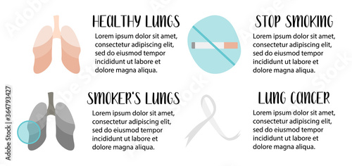 Healthy and smoker's lungs. Pulmonology. Lung cancer. Stop smoking. Vector flat cartoon illustration. Perfect for banner, medical brochure, flyer